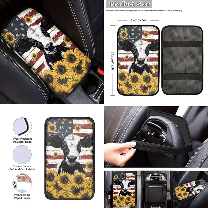 12 Pcs Cow Sunflower American Flag Car Seat Covers Full Set for Women Men,Independence Day Patriotic USA Flag Auto Seat Protection +Steering Wheel Cover+Keyring Armrest Pads+Seatbelt Pads