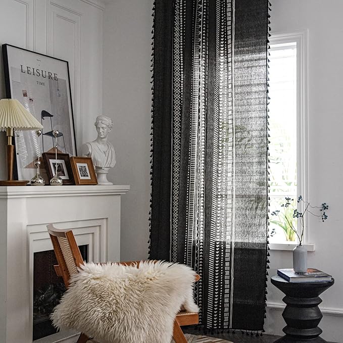 ColorBird Black Boho Curtains for Boy Bedroom Room Darkening 63 Inch Farmhouse MCM Western Striped Aztec Window Treatment Patterned Drapes 2 Panles for Living Dining Room Kitchen Boho Chic Decor
