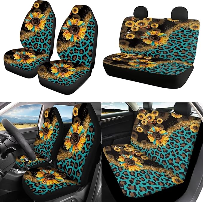 POLERO Sunflower Leopard Seat Cover for Cars 11PCS Vintage Cheetah Animal Print Steering Wheel Cover Seatbelt Pads Coasters Keychains