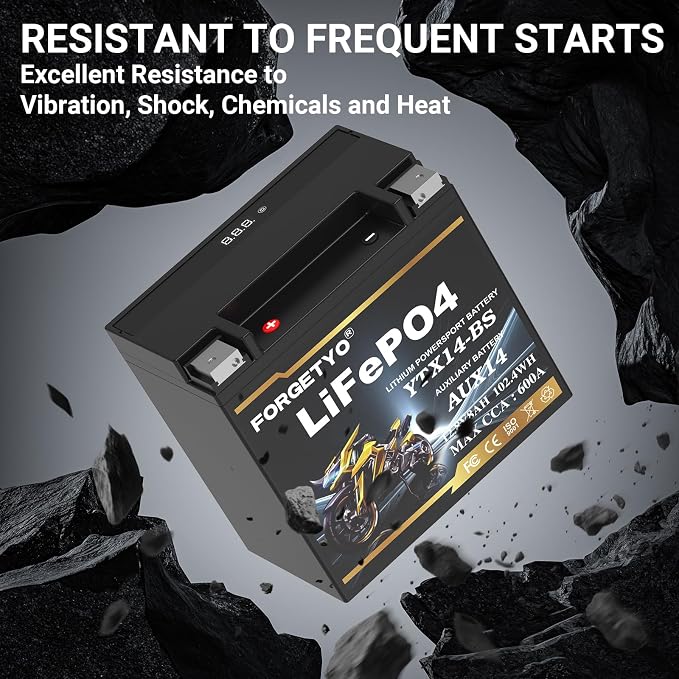 Lithium Motorcycle Battery, Forgetyo YTX14-BS 12.8V 8AH 600A LiFePO4 AUX14 Auxiliary Batteries, ATV UTV Jet Ski Snowmobile Battery