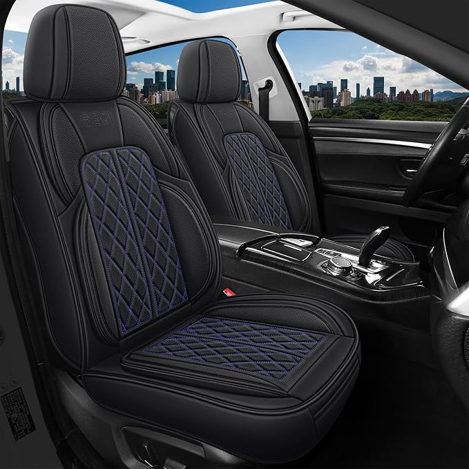 Leather Automotive Seat Covers Universal Fit for Cars, SUV, Sedans, Anti-Slip & Breathable (Black Blueline, Front Seat)