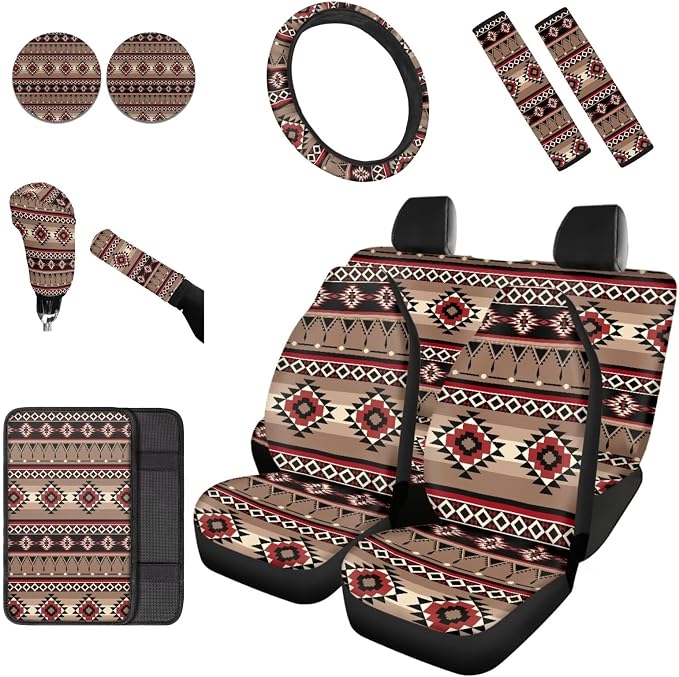 Dreaweet Native American Car Seat Covers Full Set Southwestern Aztec Navajo Seat Covers with Steering Wheel Cover/Armrest Cover/Seatbelt Covers/Car Coasters/Gear Shift Cover/Handbrake Cover