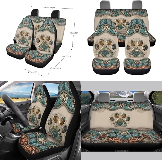 Boho Paw Print Auto Seat Covers Full Set, 10 Pcs Universal Fit Interior Accessories Decor Steering Wheel Cover Car Trash Bin Keychain Coasters Air Vent Storage Box for Women Men