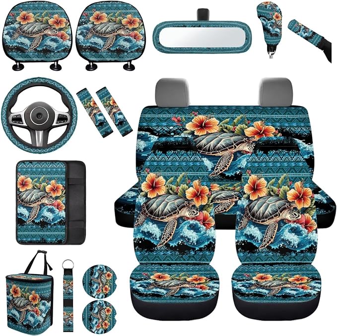 Sea Turtle Car Seat Covers Full Sets of 17 Pcs Navajo Sea Turtle Car Accessories Set for Women with Animals Print Auto Headrest Cover,Vehicle Trash Bag Universal Automotive Interior Decor