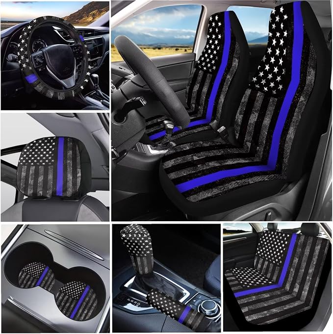 KEIAHUAN USA Flag Car Seat Covers Car Accessories with Cup Coasters/Hand Brake and Gear Shift Knob Cover/Steering Wheel Cover/Headrest Covers Universal Fit for Vans Sedans SUV Truck