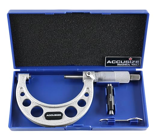 Accusize Industrial Tools Outside Micrometer, 50-75mm, EG00-0075 | 50-75mm, Ultra-Precision, Carbide Tipped, M-Type, Resolution 0.01mm, Ratchet Friction Thimble, Solid Storage Case