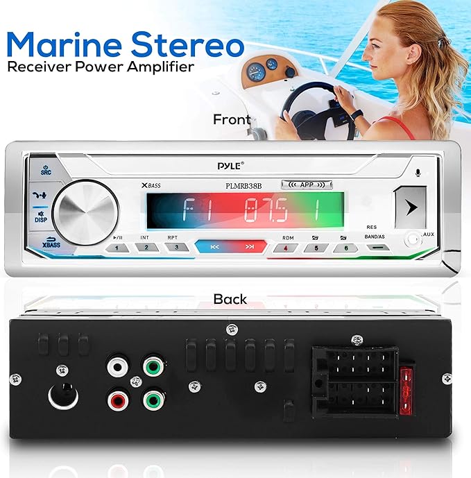 Pyle Marine Stereo Receiver Power Amplifier - AM/FM/MP3/USB/Aux/SD Card Reader Marine Stereo Receiver, Single Din, 30 Preset Memory Stations, LCD Display with Remote Control - PLMRB39W