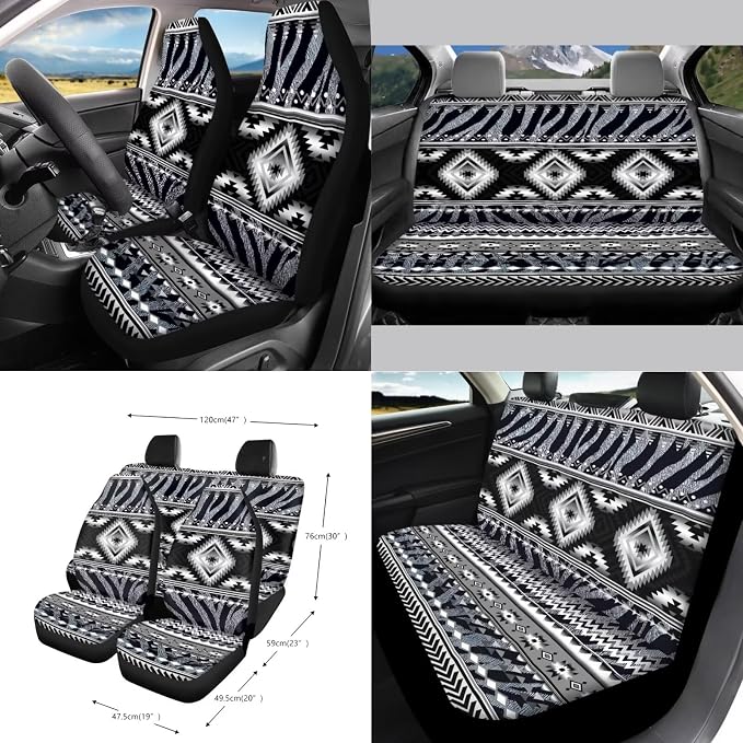 Wanyint Black Gray Car Seat Cover Set 15 Pack with Steering Wheel Seat Belt Strap Rearview Mirror Cover Garbage Cans Air Vent Pouch Coasters Keychain Auto Decor, Aztec Navajo Zebra Print