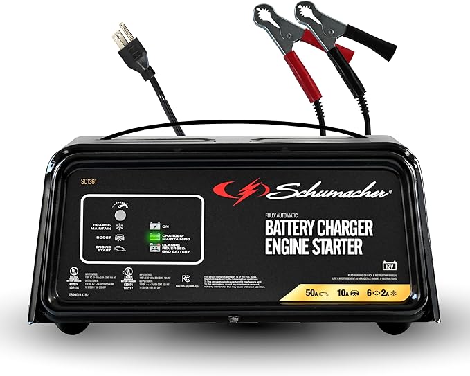 Schumacher Electric 6A Car Battery Charger and 50A Engine Starter, 4-in-1 Solution, Maintainer, 10A Boost, for 12V Power Sport, Automotive, and Marine Batteries, SC1361