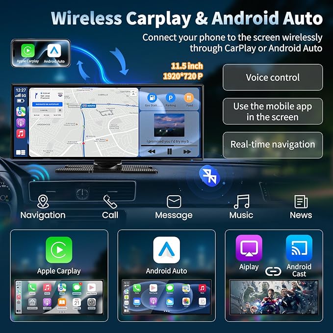 Wireless A-pple Carplay Screen for Car, Largest 11.5'' Carplay & Android Auto Car Stereo Touchscreen with 4K Dash Cam and 1080P Backup Camera,Voice Control/GPS Navigation/Mirror Link/Bluetooth/AUX/FM
