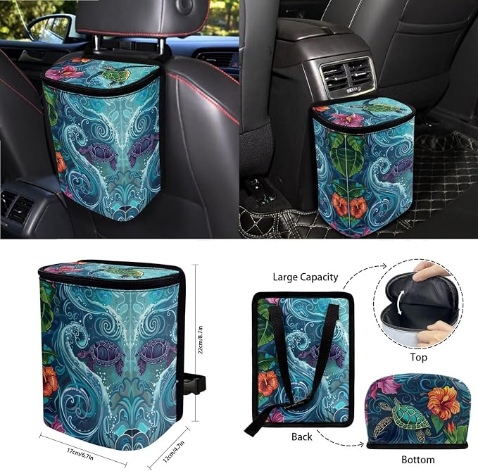 Hibiscus Turtle Printed Car Seat Cover Set 15 PCS, with Steering Wheel Cover Seat Belt Pad Garbage Bag Air Vent Pocket Rearview Mirror Cover for SUV Trucks Vans Sedans