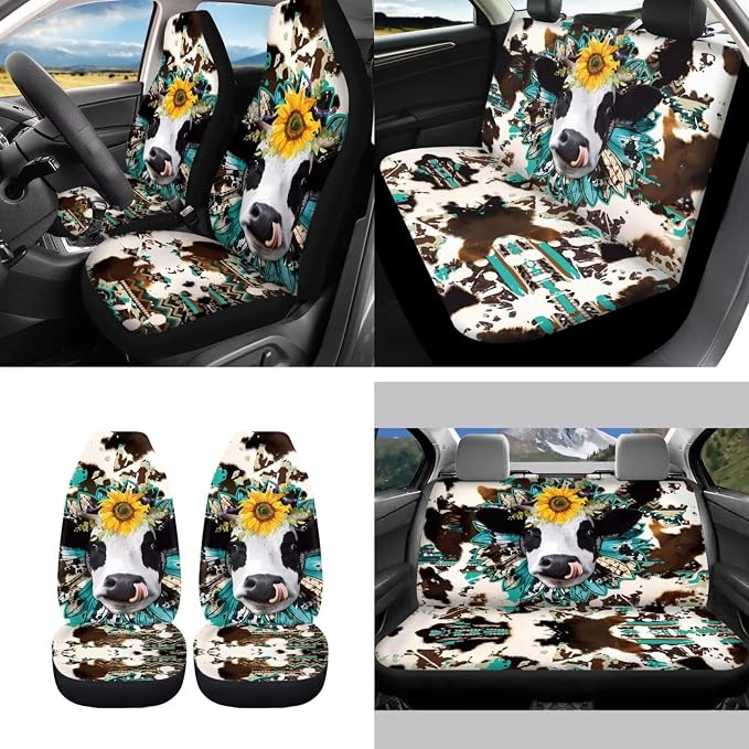 Cow Car Seat Covers Sets11pcs,Sunflower Western Cow Auto Seat Protector Pad+Seatbelt+Steering Wheel Cover+Car Coasters+ Interior Accessory+Cowhide Keychain for Women Men