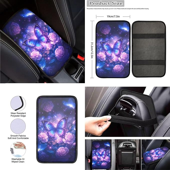 8 Pcs Purple Butterfly Rose Design Car Interior Accessories for Women, Car Seat Covers with Auto Steering Wheel Cover, Auto Center Console Pad, Seat Belt Covers, Automotive Decorations