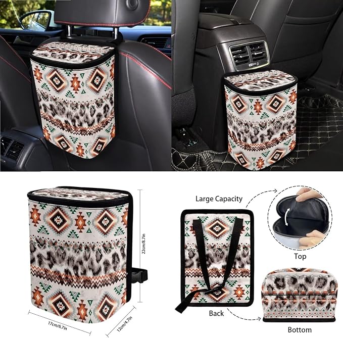 Wanyint Car Seat Cover Covers with Steering Wheel Seat Belt Strap Pad Trash Bag Phone Holder Rearview Mirror Accessories Cup Holder Key Chain Auto Decor, 15 Pack, Aztec Navajo Leopard Print