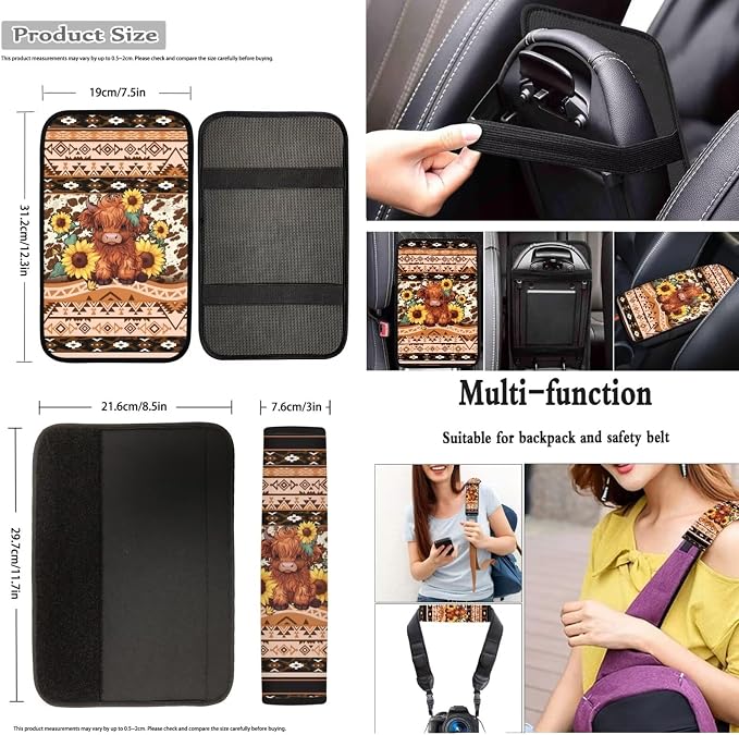 Dreaweet Aztec Brown Cow Print Car Seat Covers Full Set Cute Sunflower Highland Cow Car Accessories Steering Wheel Cover Car Coasters Armrest Cover Seatbelt Covers Gear Shift Cover Handbrake Cover