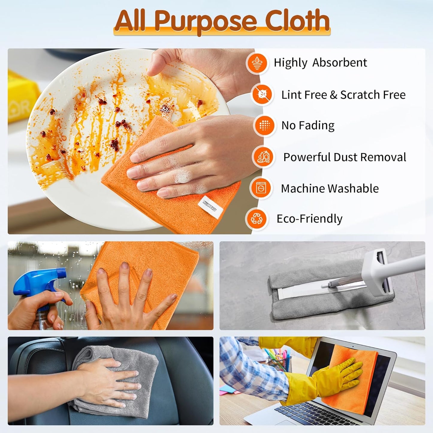 FIXSMITH Microfiber Cleaning Cloth -Pack of 8, Highly Absorbent Cleaning Rags(Grey&Orange), 16"X12" All Purpose Cleaning Towels for Housekeeping, Kitchen, Car, Reusable Microfiber Towels