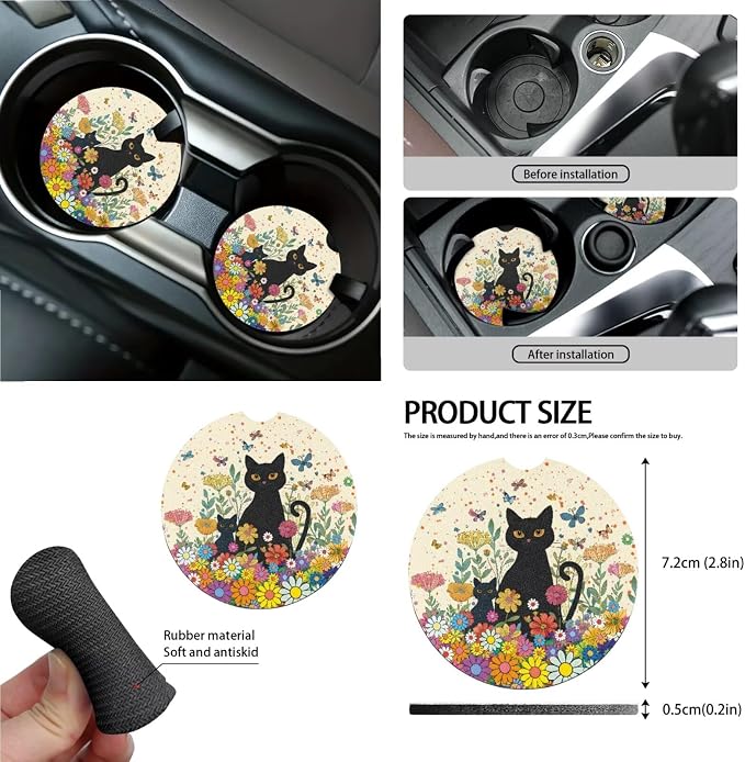 Cat Flower Print Car Seat Covers Full Set with Steering Wheel Cover for Women Decorative Safety Belt Pads Inside Rearview Mirror Cover Garbage Bag Car Air Vent Organizer, Beige