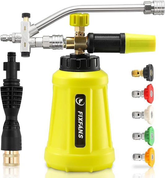 FIXFANS Foam Cannon Dual Connector Accessory for Pressure Washer, Double Tip Attachment Soap Cannon with Replacement Adapter for Portland Husky and Ryobi Power Washer, 1/4" Quick Connect, 5 Nozzles