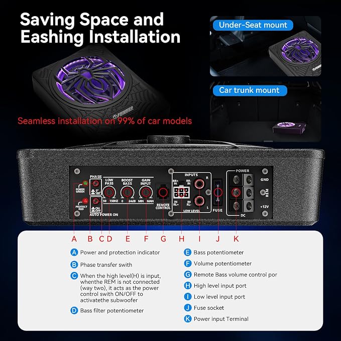 NEW 10" Slim Under Seat Powered Car Subwoofer with Built in Amp.All-in-One Subwoofer and Amp Package for Car/Truck/SUV Audio System,Individual Control for Low Pass/Gain/Boost Bass.Deep Bass Perfect