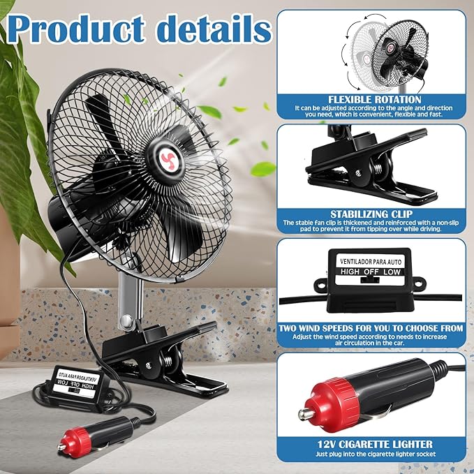 Tujoe 2 Pcs Portable Car Fan with Car Cigarette Lighter Electric Cooling 12 Volt Oscillating Fan 12 Volt Fan Automobile Vehicle 360 Degree Swivel Fan with Clip for Car Truck Supplies, Black (10 Inch)