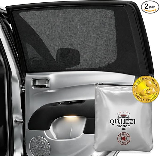 XL/Car Side Window Shades for SUV (9 Sizes/2 Pack). Breathable Stretchy Mesh for Sun, Heat & Privacy Protection, Blocks 96% UVA, Baby/Camping Bug Windows Screens Full Covers | Qualizzi®