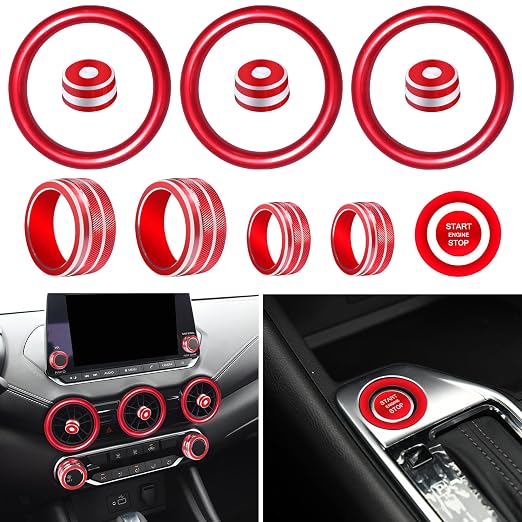 for Nissan Sentra 2025 2024 2020-2023 Accessories Knob Cover Set - Volume Tune Knob Covers, Air Conditioner, Air Vent Outlet Rings/Covers Push Start Stop Button Ring Trim for Sentra, 12Pcs (Red)