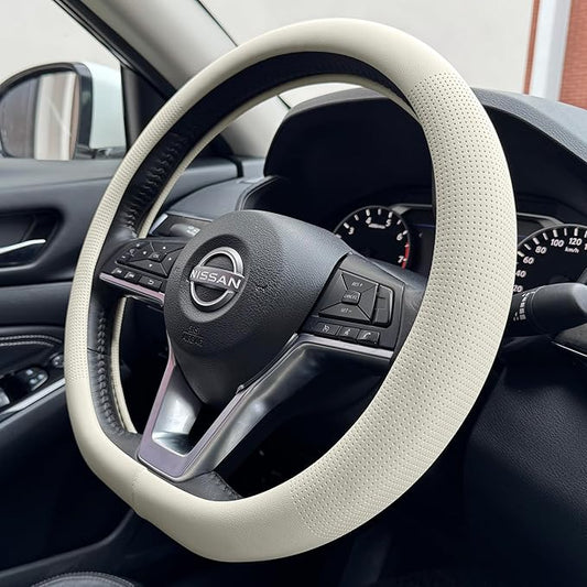 PINCTROT D Shaped Nappa Leather Steering Wheel Cover, Slim Fit No Bulk Design, One Piece Leather with Breathable Perforation, Fit Like Gloves, Flat Bottom 14.5-15 Inch(Nappa Beige)