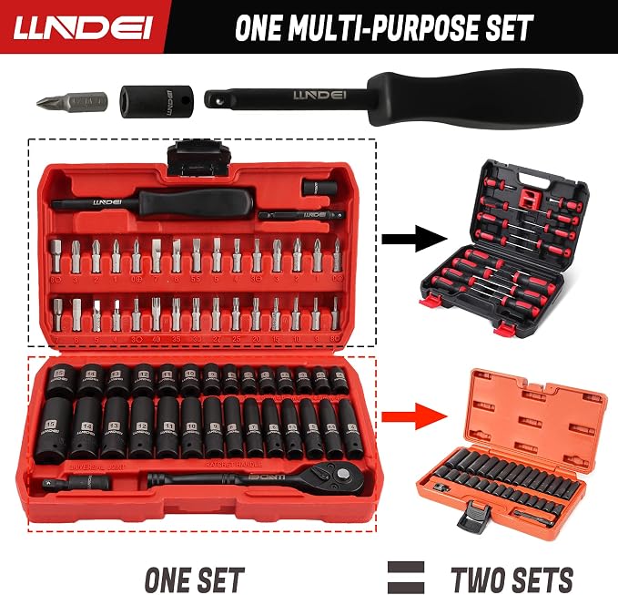 LLNDEI 1/4-Inch Impact Socket Set Metric(4-15mm) Deep and Shallow &1/2 inch Socket Wrench Set