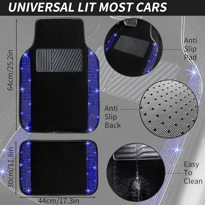 NBTEPEM 12 Pcs Bling Car Accessories Set for Women Car Floor Mats Full Set Steering Wheel Cover Seat Belt Covers Coasters Universal Fit Car SUV Truck Van Blue