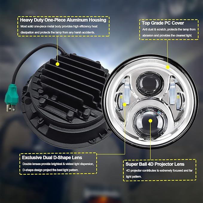 AlyoNed 7 inch Motorcycle LED Headlight 4.5" Fog Passing Lights DOT Kit Compatible with Harley Davidson Fat Boy Street Glide Heritage Softail Road King Switchback Electra Glide Ultra Classic Chrome