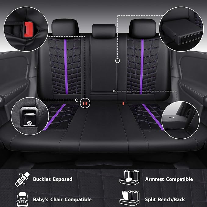CAR PASS 3D Foam Mesh Leather Car Seat Covers Full Set, Breathable Premium Leather Seat Covers for Car,Anti Slip Universal Fit for Trucks Cars Sedans Vans SUVs, Airbag Compatible, Black Purple