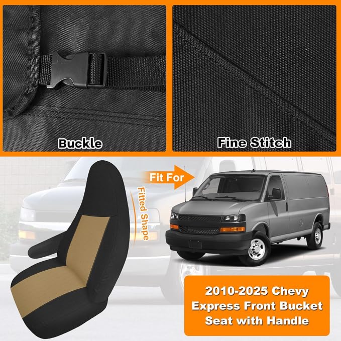 Seat Covers Compatible with 2010-2025 Chevy Express Front Bucket Seats with Opening for Grab Handle on Passenger Side Backrest, Custom-Made Heavy Duty Seat Cover, NOT for RV Seats