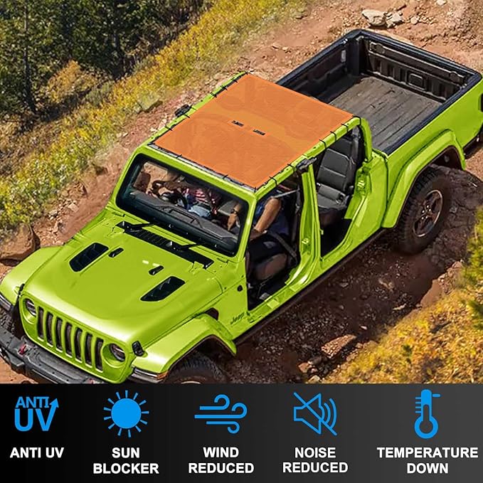 JT Top Sun Shade Roof Compatible with Jeep Gladiator 4 Door 2018 to 2023 Sunshade Sunroof Bikini Cover Blocks UV Wind Noise Orange Mesh for Full Length