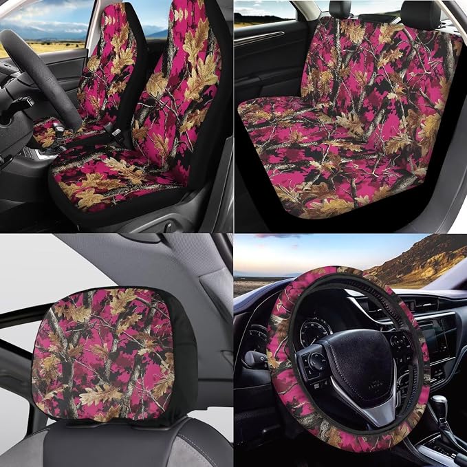 KEIAHUAN Pink Camo Hunting 11 Piece Car Seat Covers Full Set for Women Include Steering Wheel Cover Car Coasters Handbrake and Gear Shift Knob Cover/Headrest Cover for Sedan Truck Van