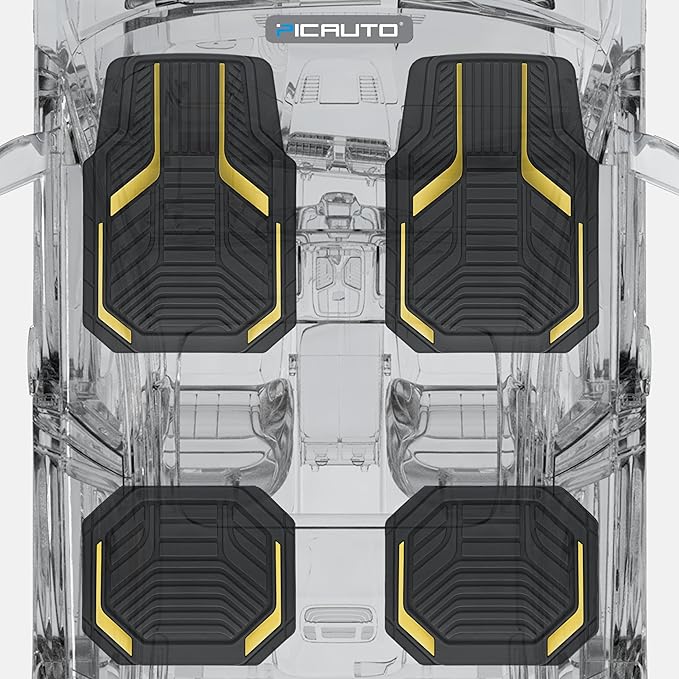 PIC AUTO Heavy Duty Rubber Floor Mats, Yellow Aluminum Film Car Mats Set, Front and Rear Car Mats with Anti-Slip Backing, All Weather Protection, Trim-to-Fit for Automotive SUV, Sedan, Van