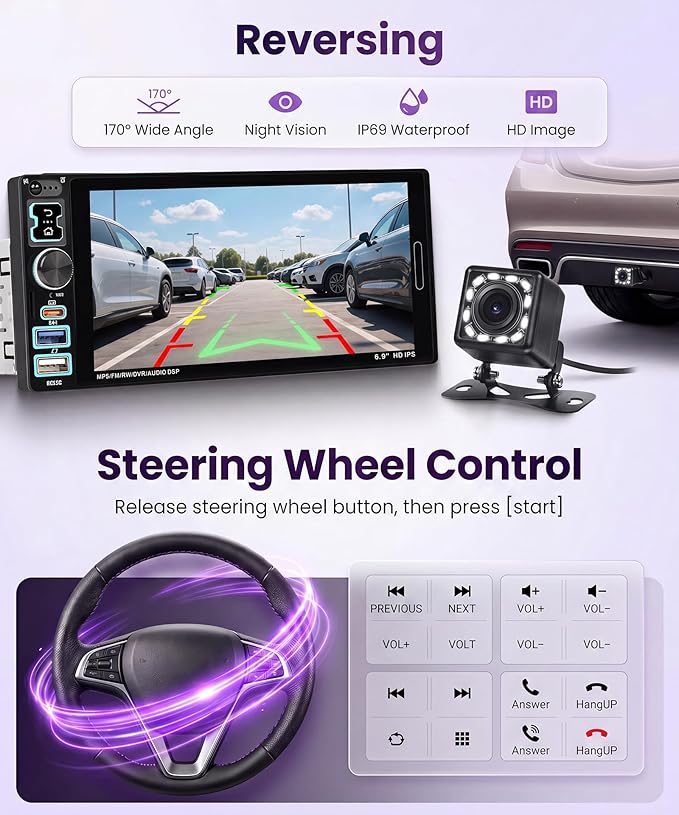 Car Stereo Single Din CarPlay Android Auto, 1 Din Car Radio Bluetooth 5.2, 6.9" IPS Touchscreen Car Radio with Backup Camera, Mirror Link, SWC, FM/EQ, USB & Type-C
