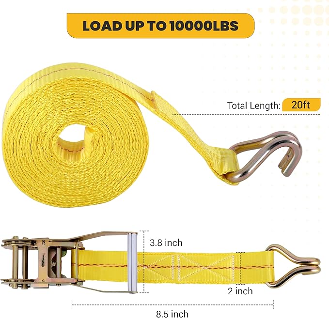 Heavy Duty 2" x 20' Ratchet Straps (4-Pack), 10,000 lbs Break Strength, High Visibility Yellow Tie Down Straps with Locking J-Hooks for Trailers, Trucks, Heavy Equipment, and Moving Appliances