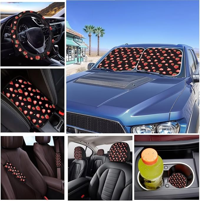 16 Pcs Strawberry Car Seat Covers Full Set Black Car Sunshade for Windshield Auto Steering Wheel Cover Armrest Cushion Head Rest Protector Seat Belt Covers with Keychain Fruit Accessories