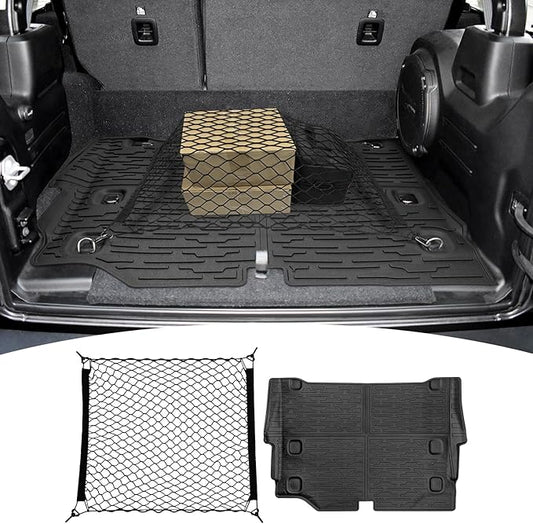 Trunk Mat with Net for 2021-2025 Jeep Wrangler JL Unlimited 4XE Accessories All Weather Protection Rear Trunk Liner Cargo Net for 21-25 JL JLU 4XE 4 Door(Not for 4X4)