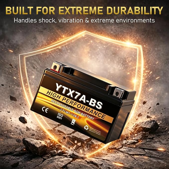YTX7A-BS 12V 6Ah AGM Sealed Motorcycle Battery, Maintenance-Free, Compatible with GY6 50CC 125CC Scooters & Mopeds