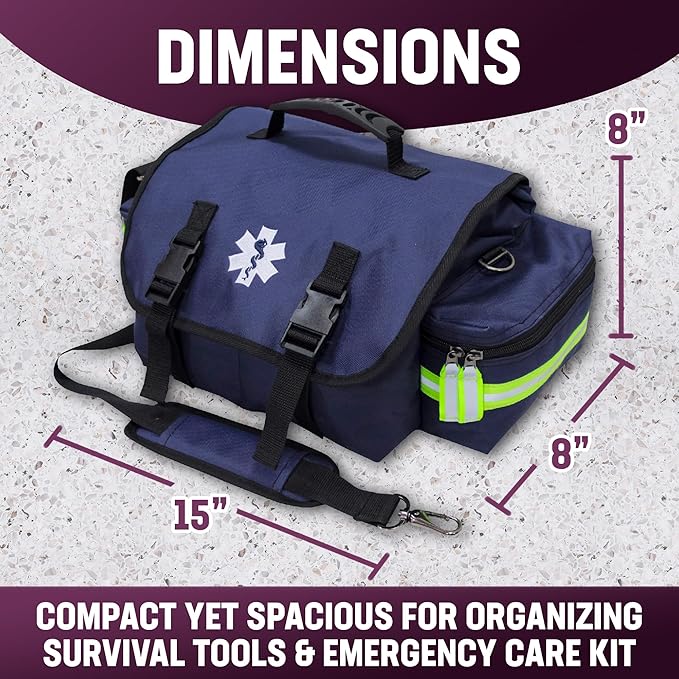 Kemp USA EMT First Responder Trauma Bag Navy Blue First Aid Survival Medical Gear Organizer High Visibility Reflector Emergency Response Kit