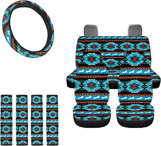 Aztec Western Car Seat Cover Full Set with Tibal Horse Car Seat Cover Steering Wheel Cover, Shoulder Pads, Aztec Auto Seat Covers Car Accessories Universal Fit for Most Cars, Blue