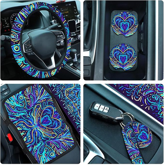 15 Pcs Full Car Seat Covers Set Car Accessories Seat Covers Steering Wheel Cover Belt Pads Armrest Pad Cup Holders Keychains for Most Truck SUV(Heart)