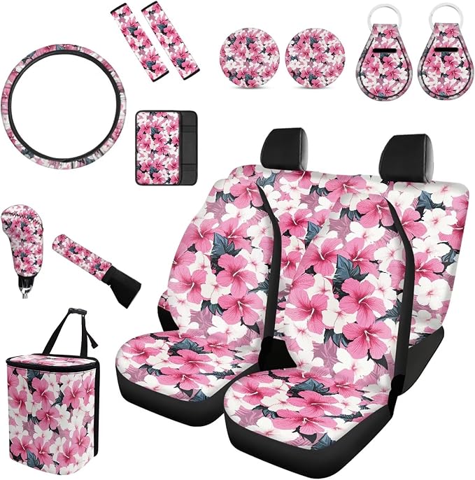 Forchrinse Pink Hibiscus Car Sea Covers for Women Front Back Seat Set with Steering Wheel Cover/Armrest Seatbelt Cover/Handbrake Gear Shift Cover/Garbage Trash,Universal 15Pcs Car Accessories Set