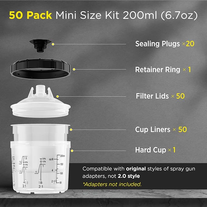 InoKraft Disposable Paint Spray Gun Cup, Paint System for HVLP and LVLP Paint Spray Paint Gun, Mini 6 Ounce (200ml) Kit with 50 Cups and Lids System, 1 Hard Cup with Retainer Ring and 20 Plugs