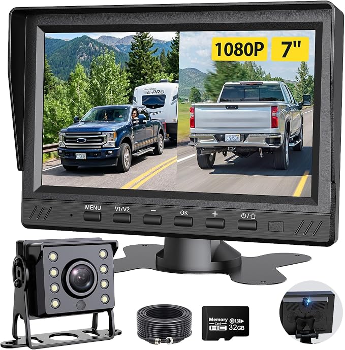 RV Backup Camera System with Front & Rear View Camera, 7'' Split Screen for RV Truck Trailer Camper, 1080P HD DVR Loop Recording, Plug & Play, Night Vision, IP69 Waterproof, Wide Angle, 32GB SD Card