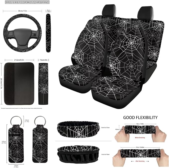 Black Spider Web Car Seat Covers Full Sets 14pcs,Halloween Car Accessory,Auto Coaster+ Keychain+Gear Shift Knob Handbreak Cover+Seatbelt+Car Rear View Mirror Cover for Women,Halloween Decor