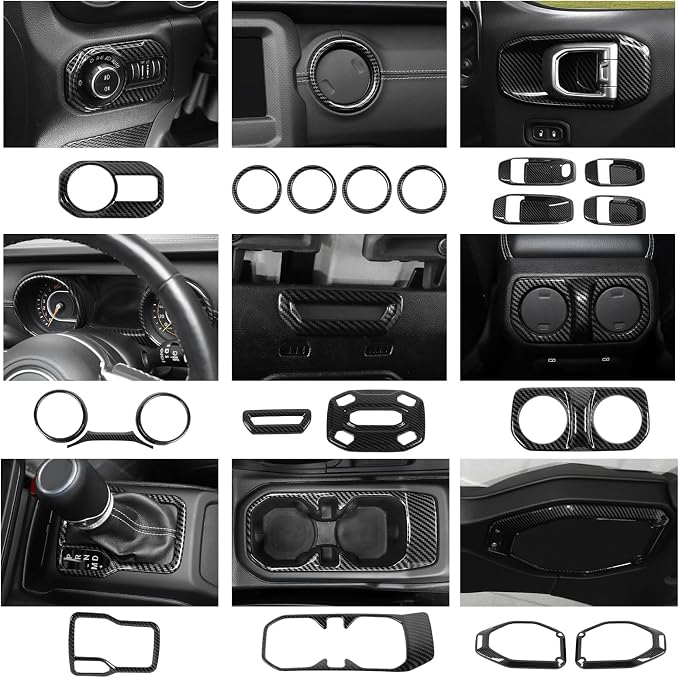 23PCS Full Set Interior Decor Trim Kits Fit for 2018-2023 Jeep Wrangler JL JLU & Gladiator JT 4Door Dashboard Cup Holder Headlight Switch Gear Shift Roof Speaker Map Light Inner Door Bowl Trim