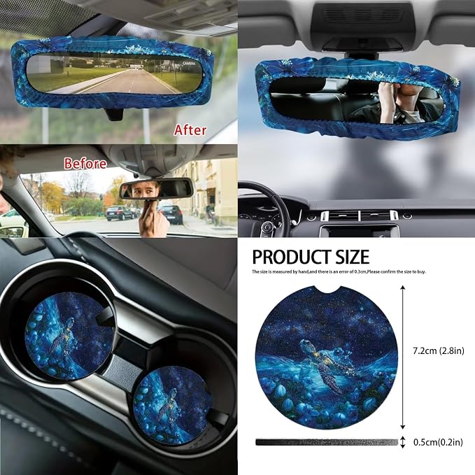 Sea Turtle Print Car Seat Cover Sets Full Set Flower Print High Back Seat Covers with Steering Wheel Cover Armrest Cushion Safety Belt Pads Trash Can for Truck Sedan SUV, Blue