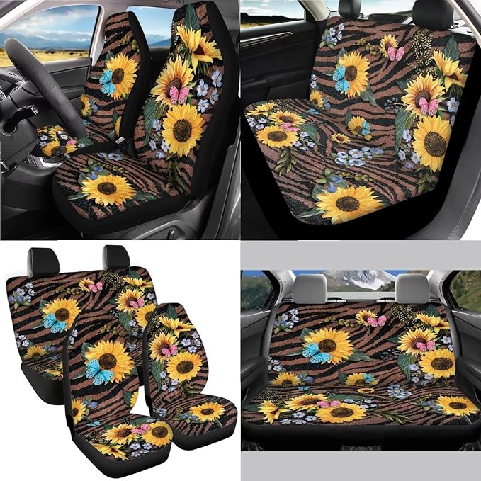 Sunflower Butterfly Stripe Print Car Seat Covers Full Set, Car Accessories Set of 13, Soft Steering Wheel Cover + Seat Belt Cover + Cup Holder Coasters Universal Fit for SUV Truck Van